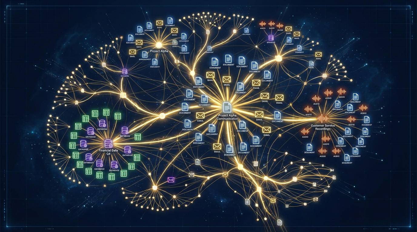 CortexDD cross-source relationship map — how findings connect across the data room and live operating systems